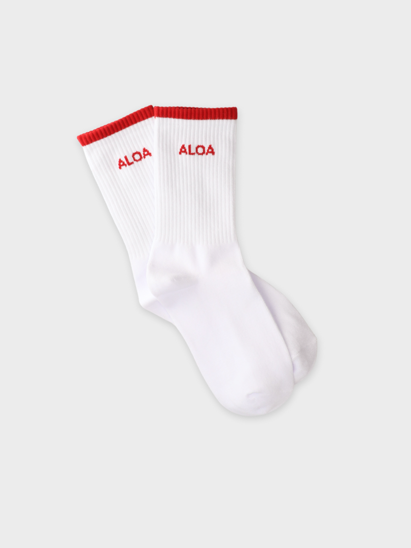 ALOA Striped Crew Socks - White/Vintage Red